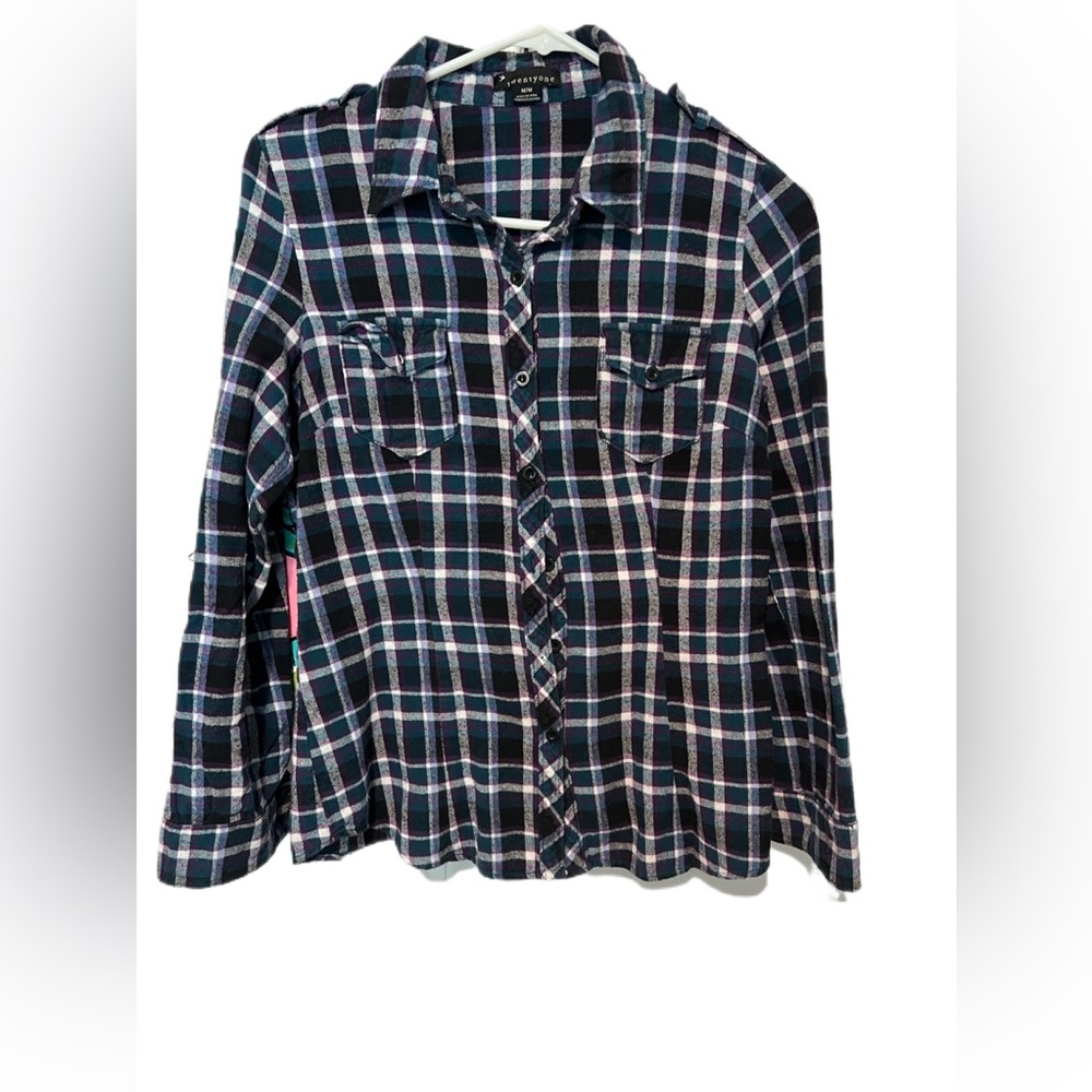 Forever 21 Women's Plaid Button-Down Shirt - Purple and Black